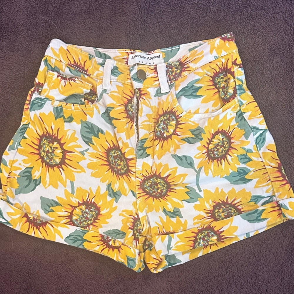 American Apparel Yellow Sunflower High Waist Shorts